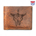 Brown leather wallet featuring a Bison skull design, handcrafted in the USA for durability and style.