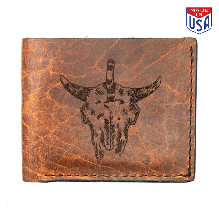 Brown leather wallet featuring a Bison skull design, handcrafted in the USA for durability and style.