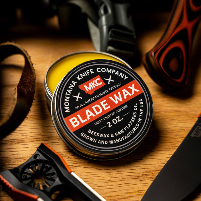 MKC Blade Wax tin on a wooden surface, designed to prevent rusting with beeswax and raw flaxseed oil.