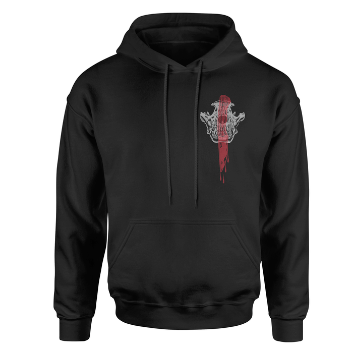 Black hoodie featuring the MKC Blood Brothers design with a skull and knife graphic, ideal for outdoor enthusiasts.