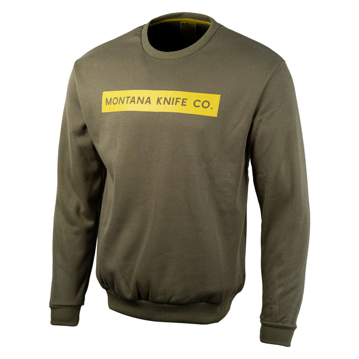 Olive crewneck sweatshirt featuring Montana Knife Co logo in yellow, ideal for outdoor enthusiasts and everyday wear.