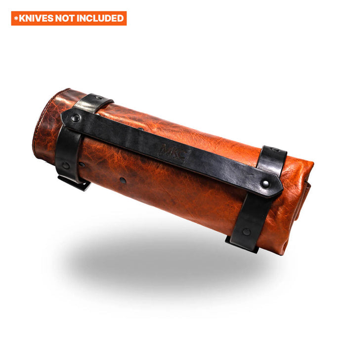 MKC Culinary Knife Roll made in the USA, featuring a durable leather exterior and metal straps for secure storage.