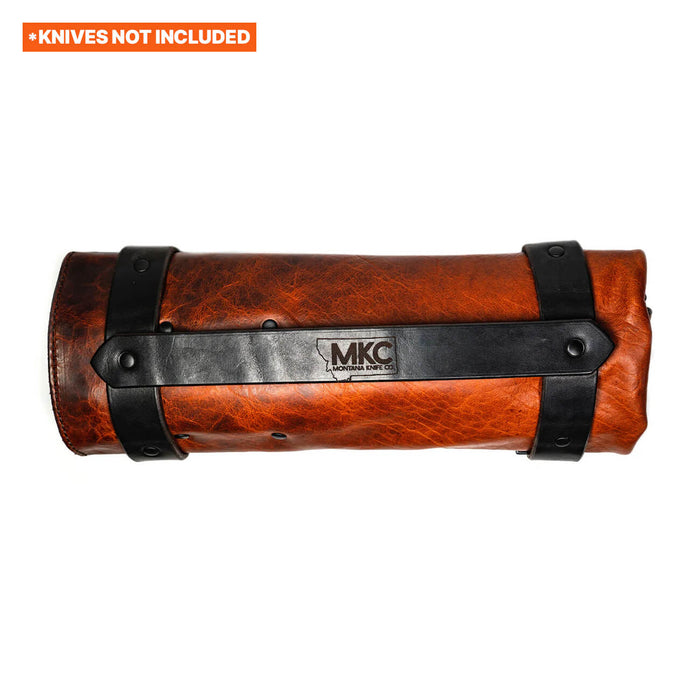MKC Culinary Knife Roll made in the USA, featuring a durable leather exterior with black straps for secure closure.