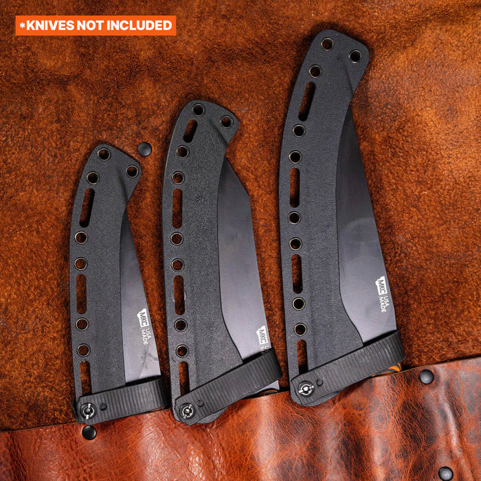 MKC Culinary Knife Roll showcasing three knife sheaths on a leather background, designed for secure knife storage.