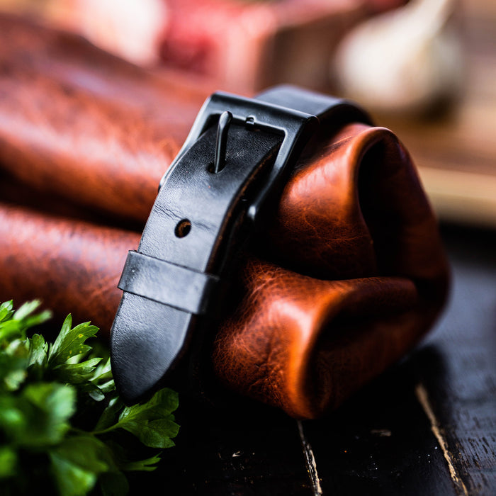 Leather strap of the MKC Culinary Knife Roll, showcasing quality craftsmanship and American-made design.