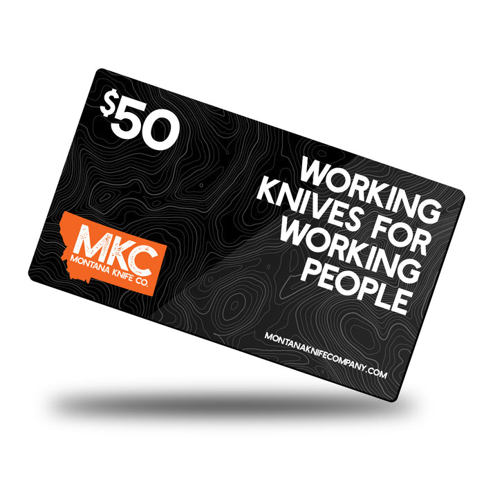 MKC E-Gift Card featuring a $50 value with the tagline "Working Knives for Working People" on a textured black background.