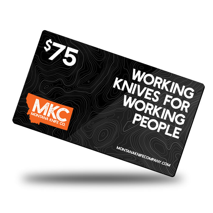 MKC E-Gift Card valued at $75, featuring the tagline "Working Knives for Working People" on a black background.