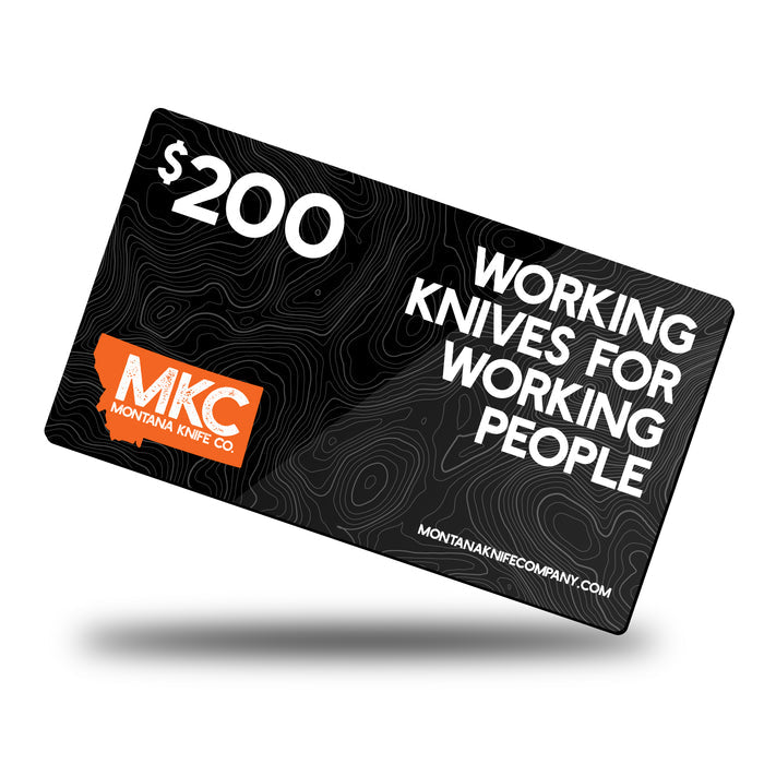MKC E-Gift Card valued at $200 featuring the tagline "Working Knives for Working People" and brand logo.