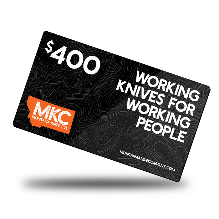 MKC E-Gift Card valued at $400 featuring the tagline "Working Knives for Working People" on a black background.