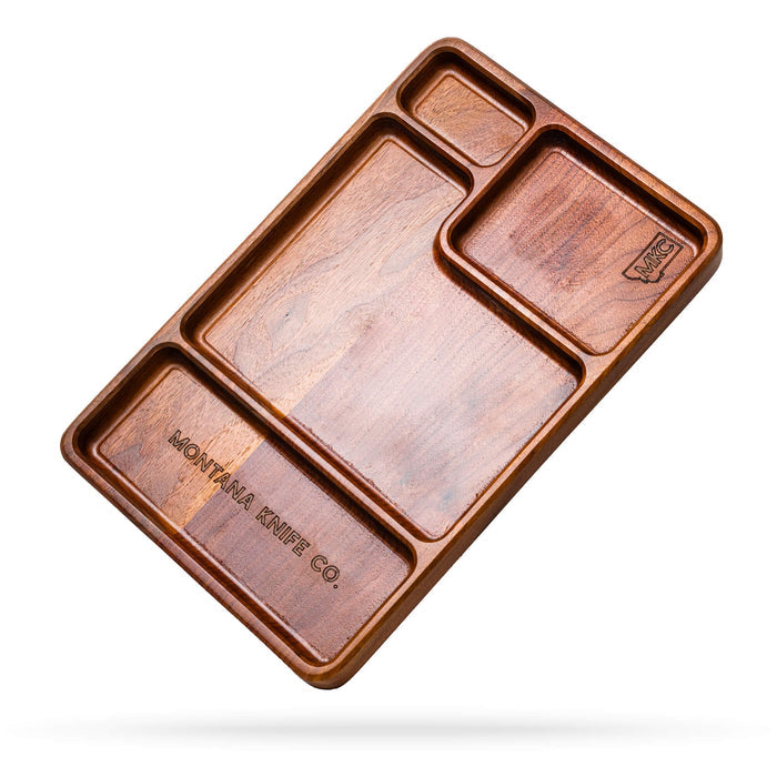 Wooden EDC dump tray with multiple compartments, featuring the Montana Knife Company logo, ideal for organizing everyday carry items.