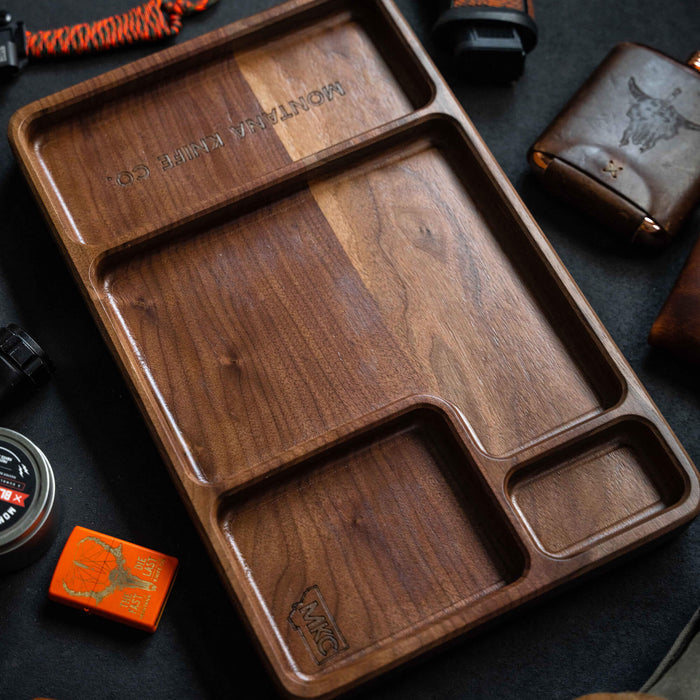 MKC EDC Dump Tray made of walnut wood, featuring compartments for organizing everyday carry items.