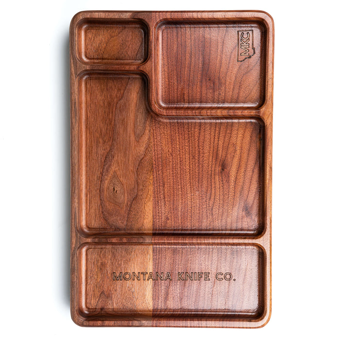 Montana Knife Company EDC dump tray made of wood, featuring multiple compartments for organizing everyday carry items.