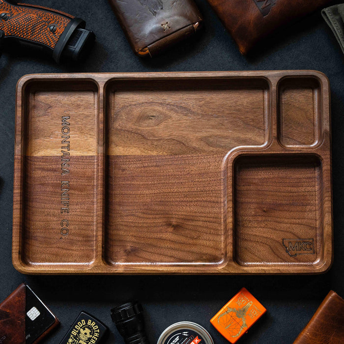 MKC EDC Dump Tray made of wood, featuring multiple compartments for organizing everyday carry items and tools.