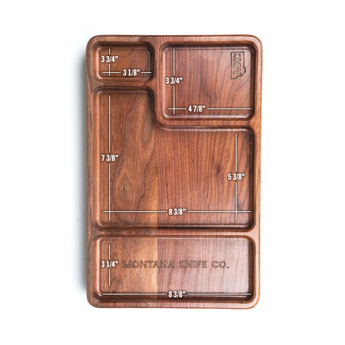 Wooden MKC EDC dump tray with multiple compartments for organizing everyday carry items, featuring engraved logo.