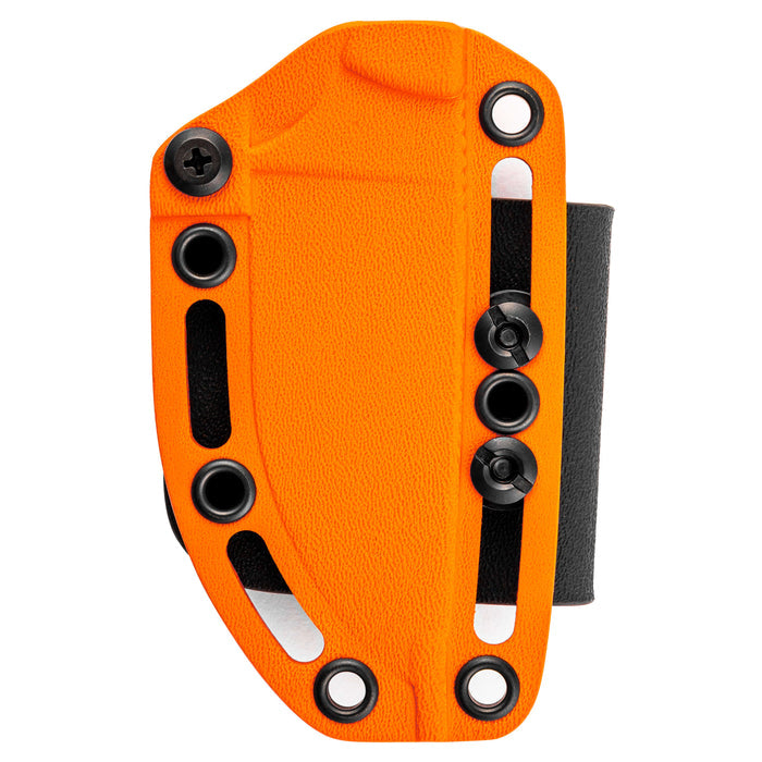 Orange Kydex sheath designed for the MKC Elk Knife, featuring multiple attachment points for secure carry.