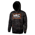 Dark woodland camo fleece hoodie featuring the MKC logo, designed for outdoor enthusiasts and working professionals.