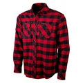 Red and black checkered flannel shirt with two chest pockets, designed for durability and comfort in outdoor settings.