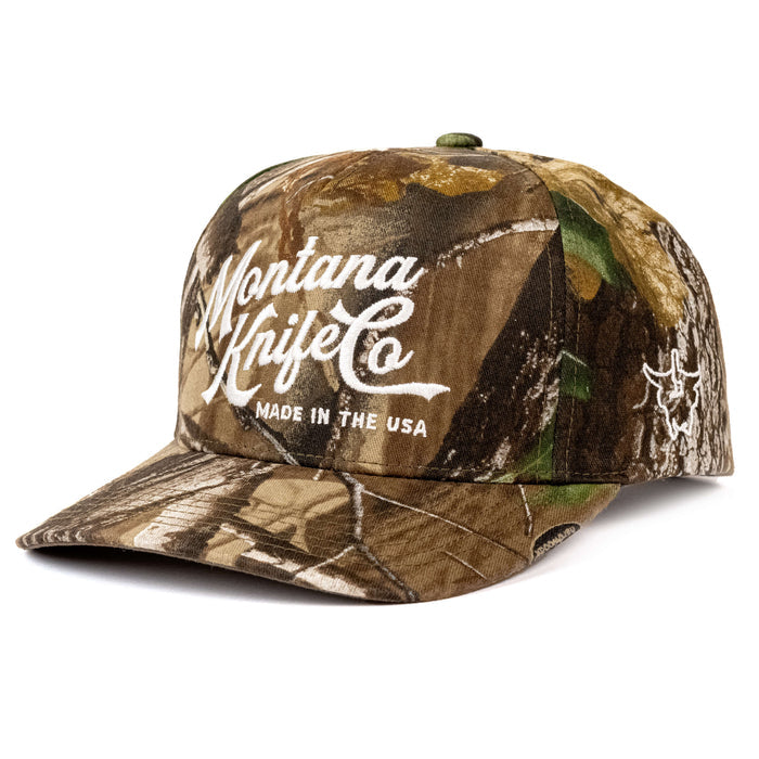 Montana Knife Company Heritage Hat in Realtree Camo with logo, designed for outdoor enthusiasts and hunters.