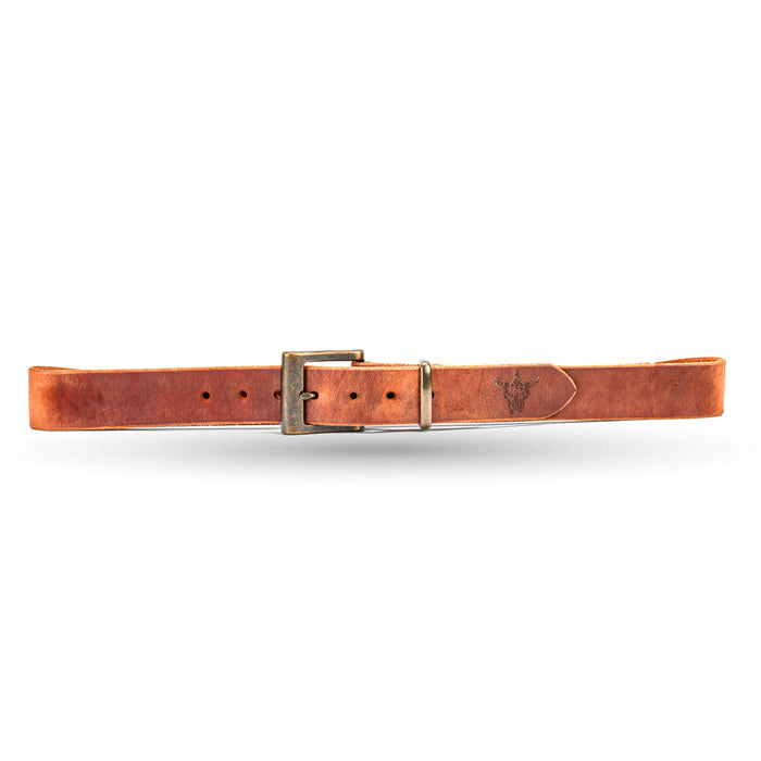 Brown leather belt with a classic metal buckle, featuring a subtle embossed logo, ideal for everyday wear.