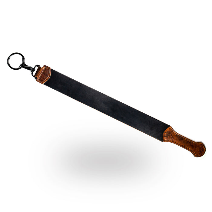 MKC Leather Strop for sharpening knives, featuring a durable leather surface and a comfortable handle, made in the USA.
