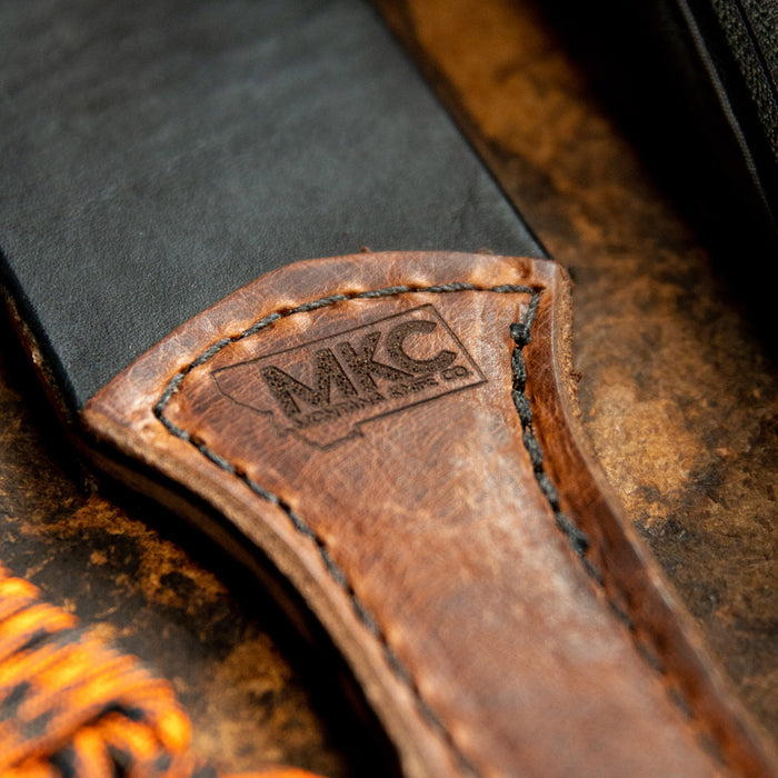 MKC Leather Strop with embossed logo, showcasing quality craftsmanship for sharpening knives. USA made.