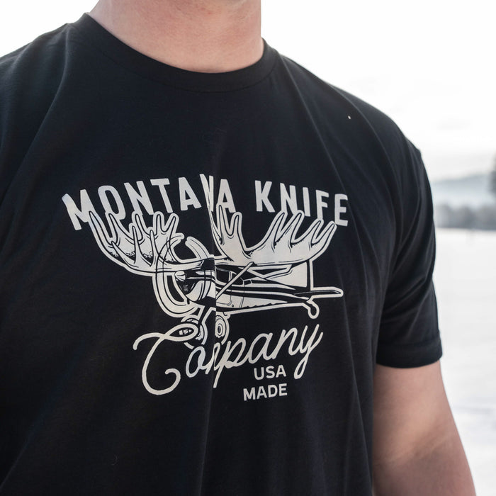 Black Montana Knife Company Moose Tee featuring a graphic of a moose and the brand name, perfect for outdoor enthusiasts.
