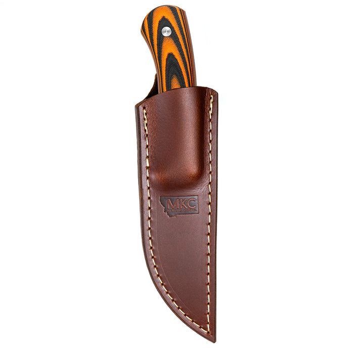 Vertical leather sheath for MKC Whitetail knife, featuring durable construction and a sleek design for easy carrying.