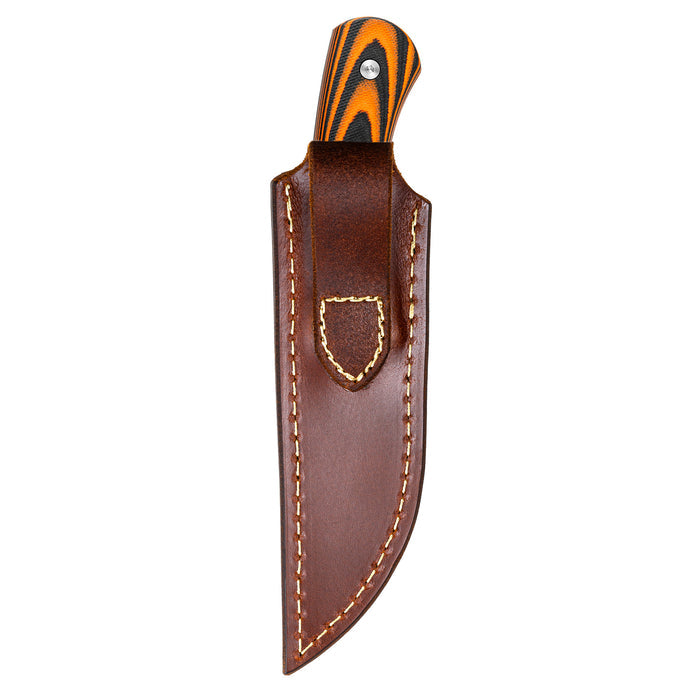 Vertical leather sheath for MKC Whitetail knife, featuring durable stitching and a secure fit for outdoor use.