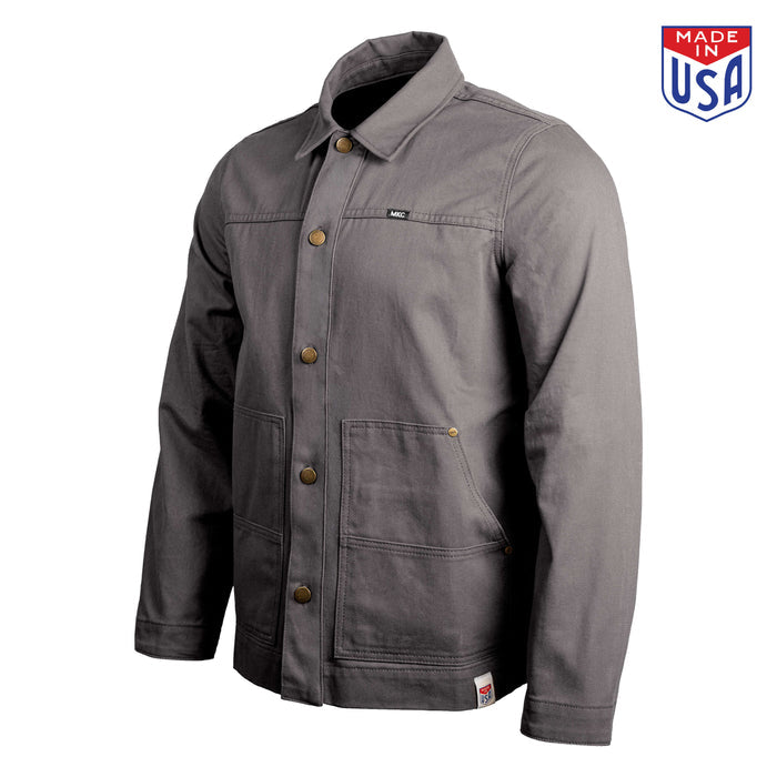 Charcoal MKC Work Jacket, USA made, featuring a classic design with front pockets and durable fabric for outdoor use.