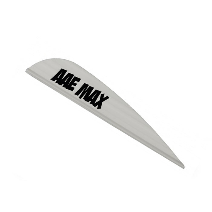 White arrow vane with "AAE MAX" printed in bold black letters, designed for improved arrow flight and accuracy.