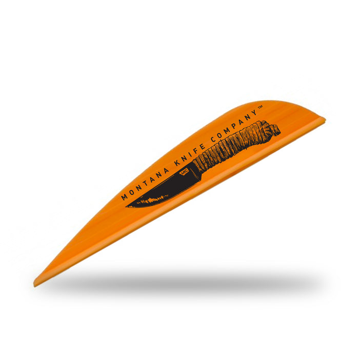 Orange arrow vane featuring the Montana Knife Company logo, designed for enhanced performance in archery.