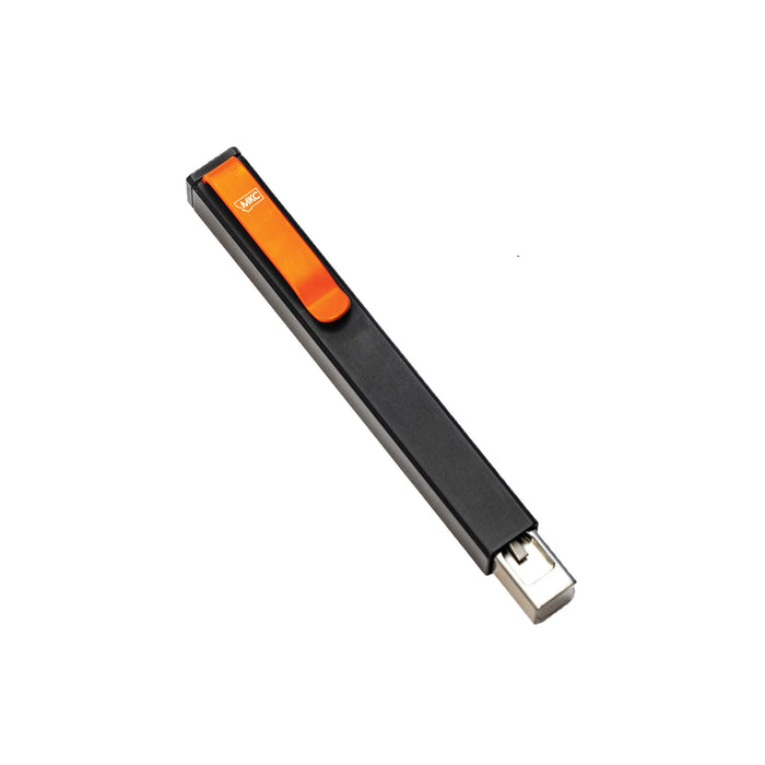 MKC Bit Bar Inline Max, a sleek black tool with an orange clip, designed for versatile bit storage and use.