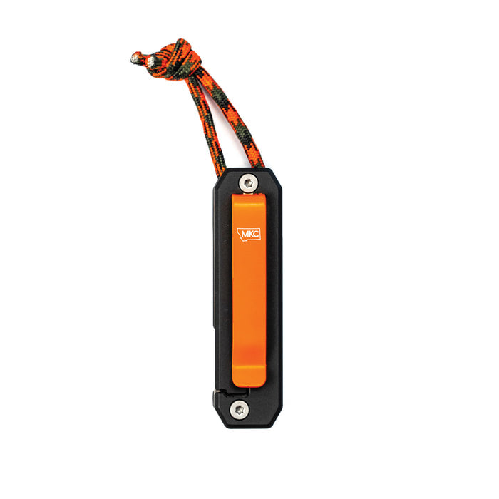 Compact titanium EDC tool featuring an orange clip and paracord lanyard, designed for everyday carry and utility.