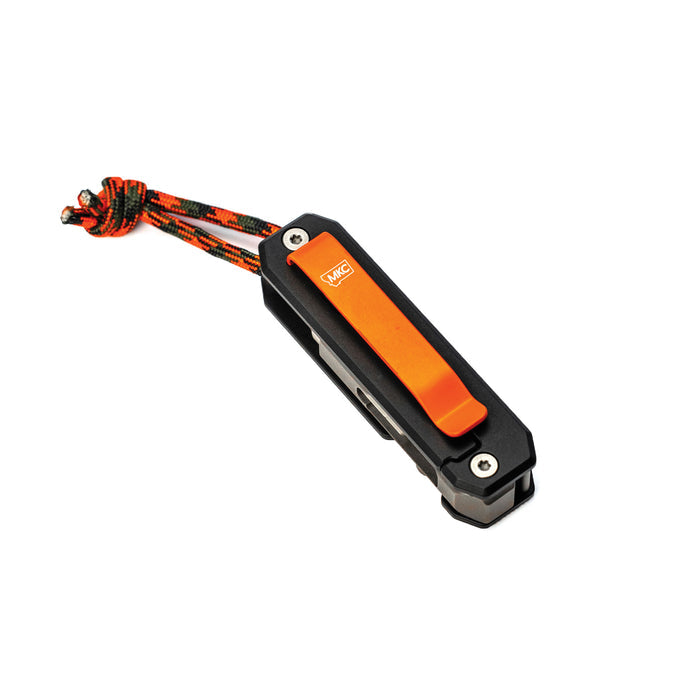 Compact MKC Ti EDS II knife featuring a sleek black design with an orange accent and a durable lanyard for easy carry.