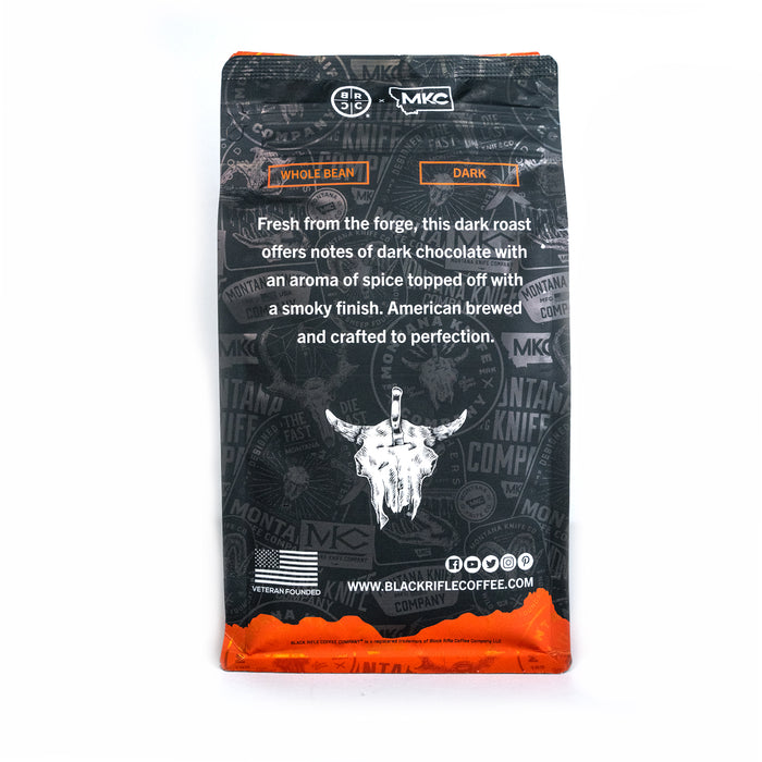 Whole bean coffee bag featuring MKC and BRCC branding, highlighting dark roast with notes of dark chocolate and spice.