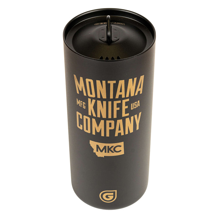 24oz Geopress Ti Purifier by MKC and Grayl, featuring a sleek black design with gold branding for outdoor hydration.