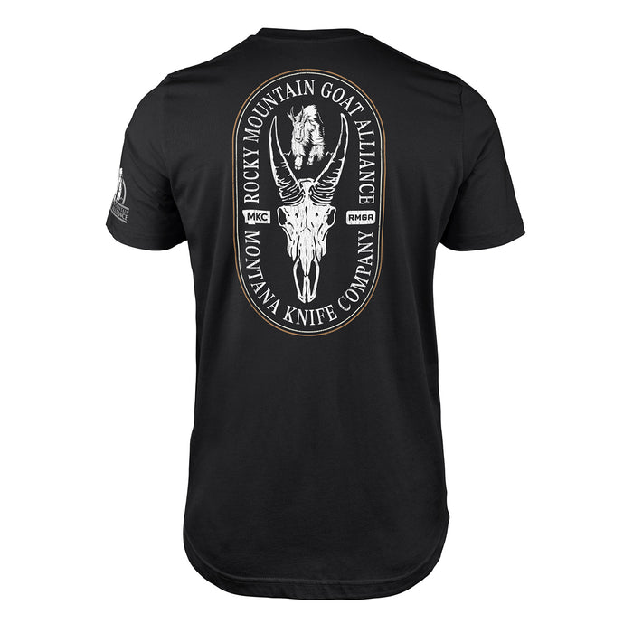 Black t-shirt featuring the Rocky Mountain Goat Alliance logo and Montana Knife Company branding on the back.