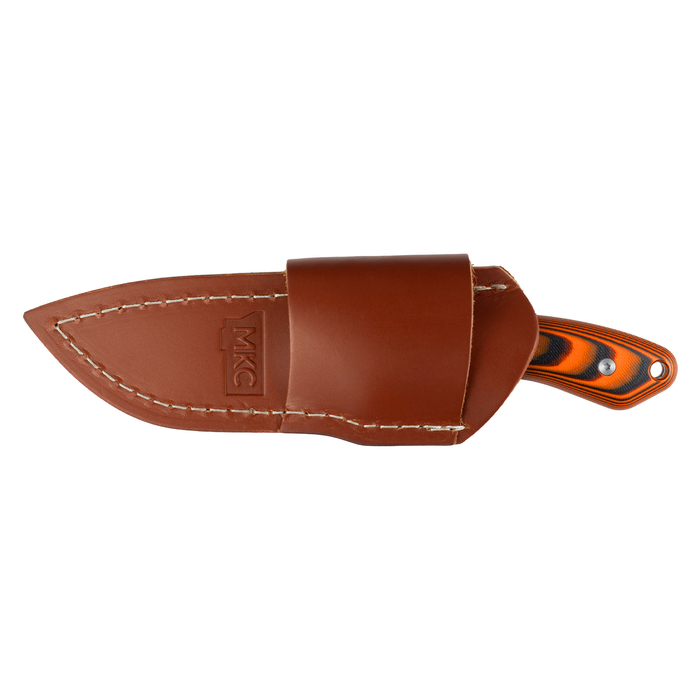 Horizontal belt carry leather sheath for MULE DEER knife, featuring durable leather and a secure fit for outdoor use.