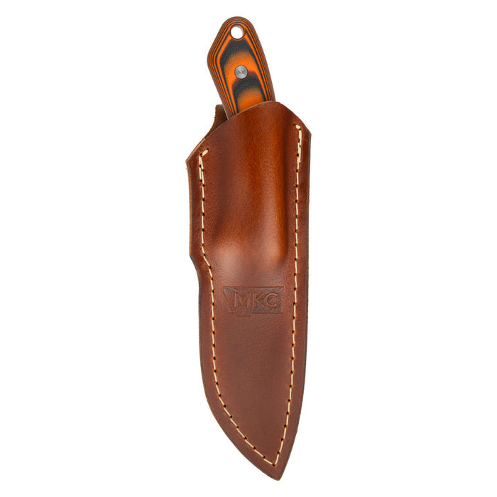 Vertical leather sheath for MULE DEER knife, designed for belt carry, featuring durable construction and MKC branding.