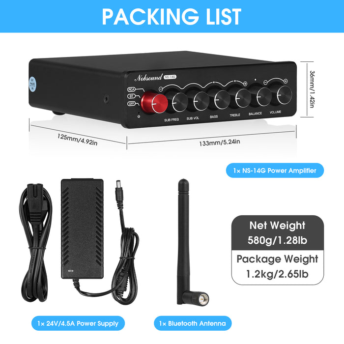 Nobsound NS-14G Bluetooth HiFi 2.1 Channel Power Amplifier Subwoofer Stereo Audio Amp