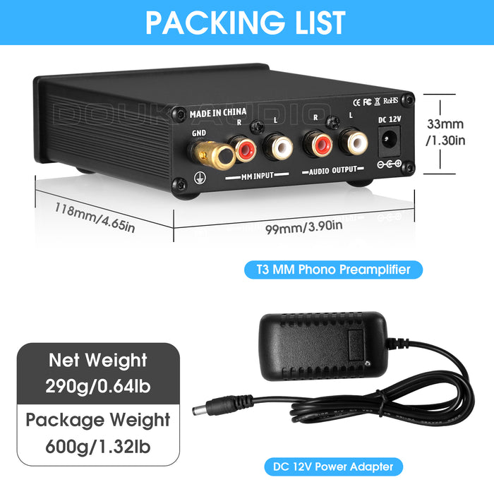 Nobsound T3 MM Phono Preamp for Record Player HiFi Home Turntable Pre-Amplifier