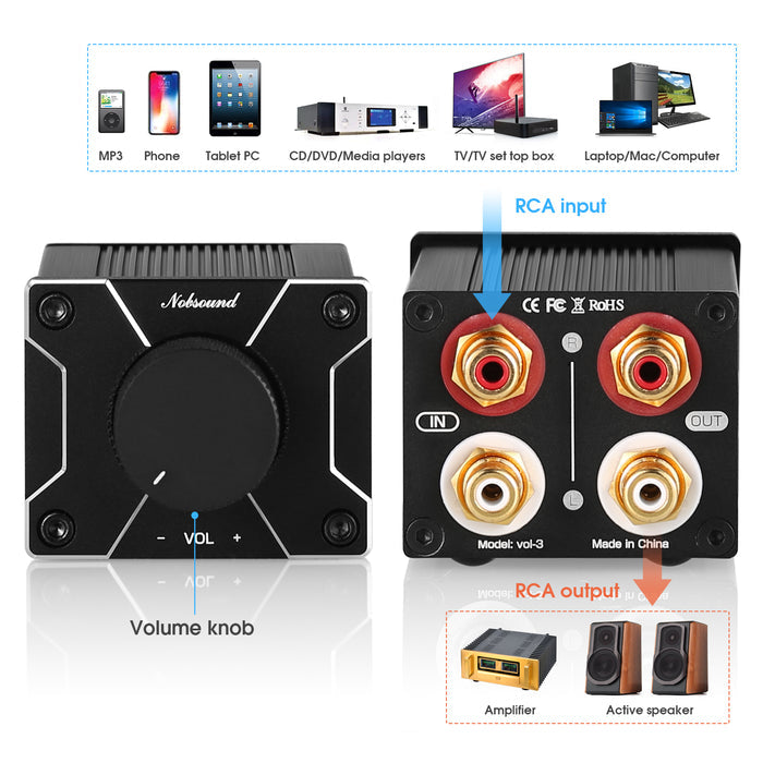 Nobsound VOL-3 Mini Passive Preamp with Variable Audio Attenuator for Power Amplifier Active Speakers
