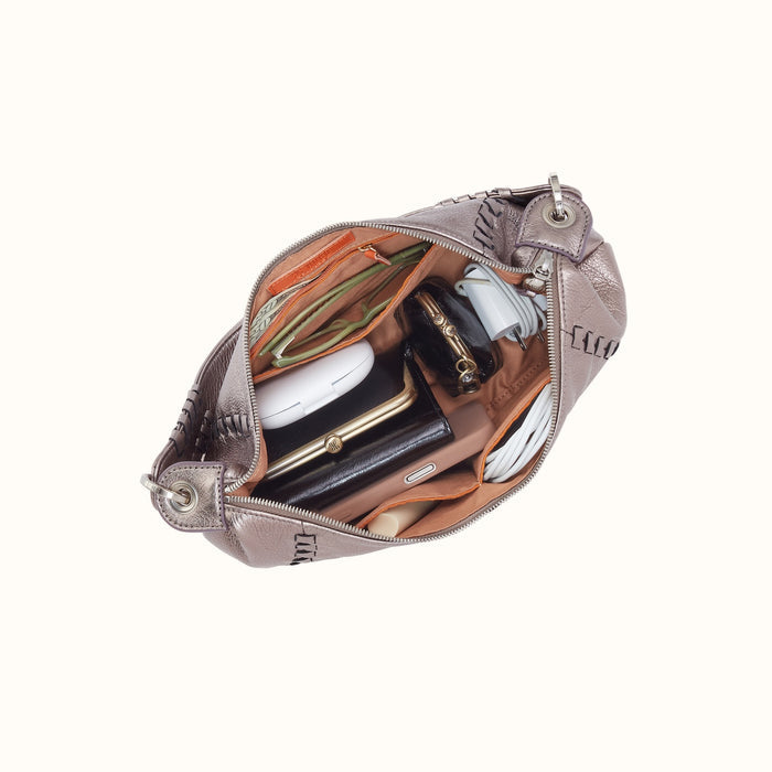 Opal Mini Shoulder in Metallic Leather - Pewter Spur