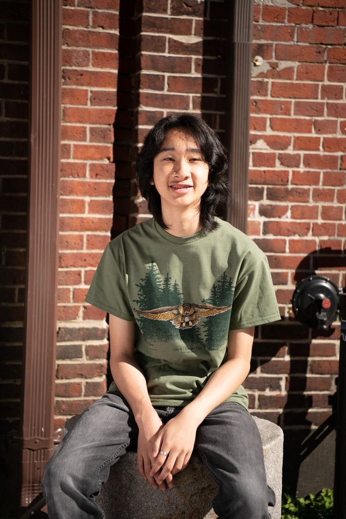 Owl In Flight Adult Olive Green T-shirt