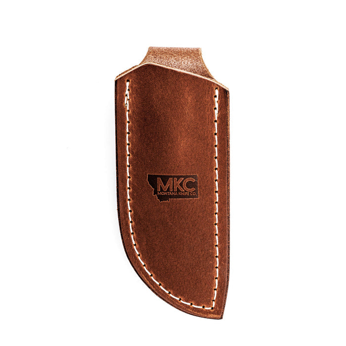 Vertical leather sheath for knives, featuring durable construction and MKC branding, designed for belt carry.