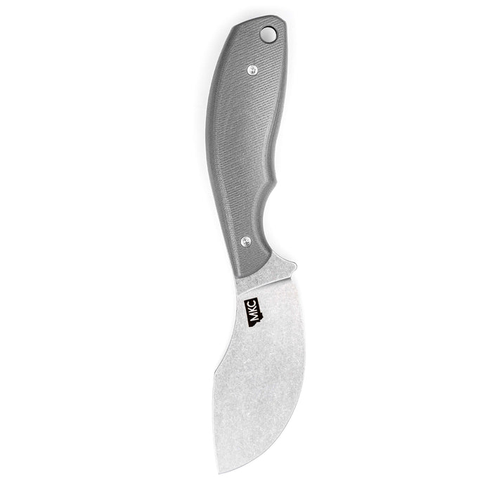 Grey PACKOUT SKINNER knife with a curved blade and textured handle, designed for hunting and outdoor use.