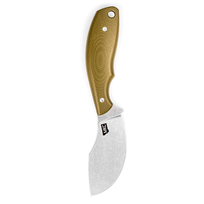 Olive green PACKOUT SKINNER knife with a curved blade and ergonomic handle, designed for outdoor and hunting use.