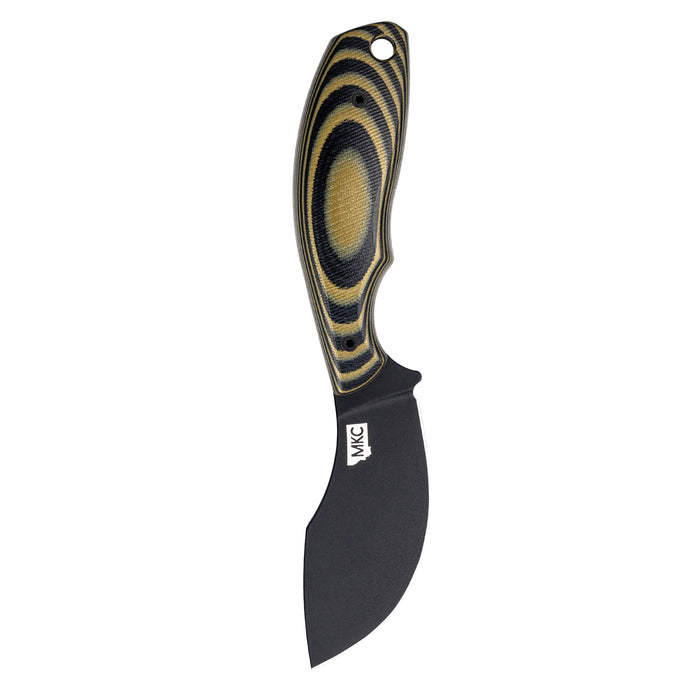 Montana Knife Company's PACKOUT SKINNER features a green and black handle with a curved black blade, designed for outdoor use.
