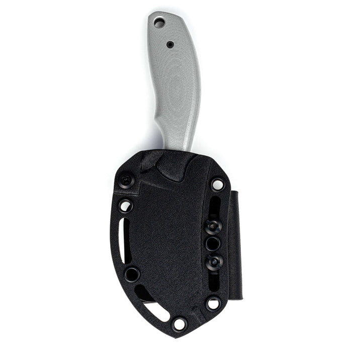 Montana Knife Company's PACKOUT SKINNER in grey features a durable handle and a secure sheath for outdoor use.