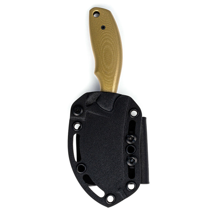 Olive green handle PACKOUT SKINNER knife with a durable black sheath, designed for outdoor and hunting use.